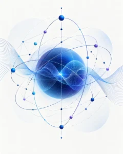 Representação abstrata de um átomo e ondas quânticas em tons azuis